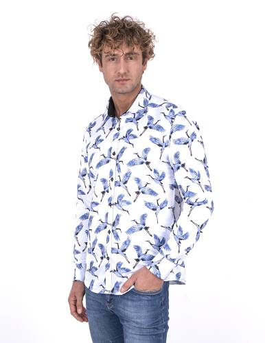 Bird Printed Long Sleeved Mens Shirt SL 7212