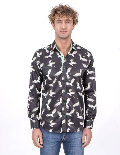 Bird Printed Long Sleeved Mens Shirt SL 7212