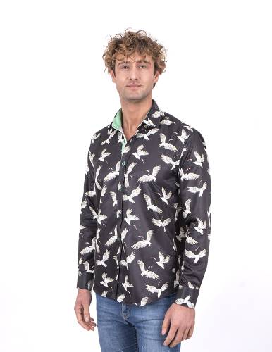 Bird Printed Long Sleeved Mens Shirt SL 7212