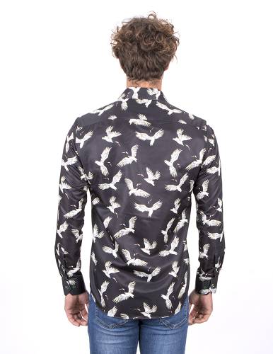 Bird Printed Long Sleeved Mens Shirt SL 7212