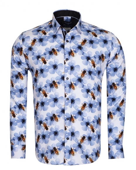 Oscar Banks - Luxury Bees Printed Long Sleeved Mens Shirt SL 6715 (Thumbnail - )