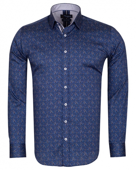 Oscar Banks - Luxury Blue and Gold Printed Pure Cotton Mens Shirt SL 6705