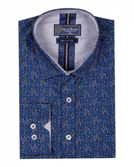 Luxury Blue and Gold Printed Pure Cotton Mens Shirt SL 6705