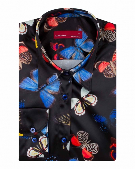 MAKROM - Luxury Butterfly Printed Long Sleeved Womens Shirt LL 3257 (Thumbnail - )