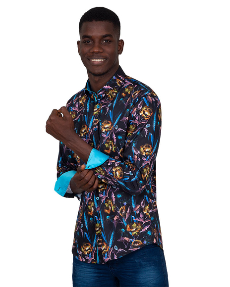 Oscar Banks - Luxury Collar Contrast and Cuff Insert Mens Shirt SL 6830 (Thumbnail - )