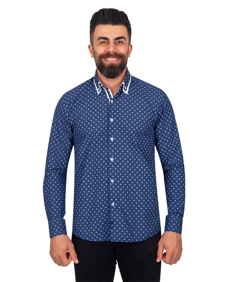 Luxury Collar Contrast and Cuff Insert Printed Long Sleeved Double Collar Mens Shirt SL 6817