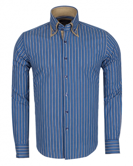 MAKROM - Luxury Double Collar Long Sleeved Striped Mens Shirt SL 5187 (Thumbnail - )