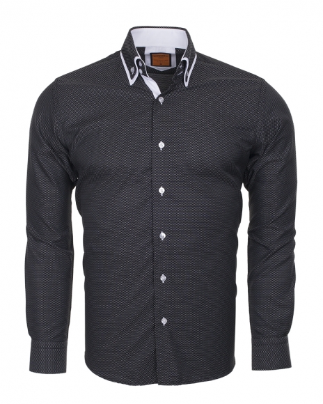 MAKROM - Luxury Double Collar Plain Long Sleeved Mens Shirt with Inside Details SL 5514 (Thumbnail - )