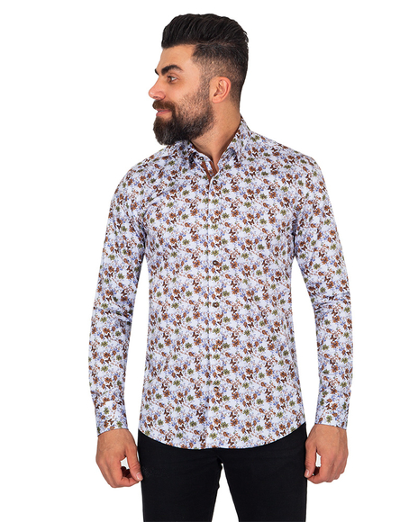 Oscar Banks - Luxury Floral And Dot Printed Pure Cotton Mens Shirt SL 6843