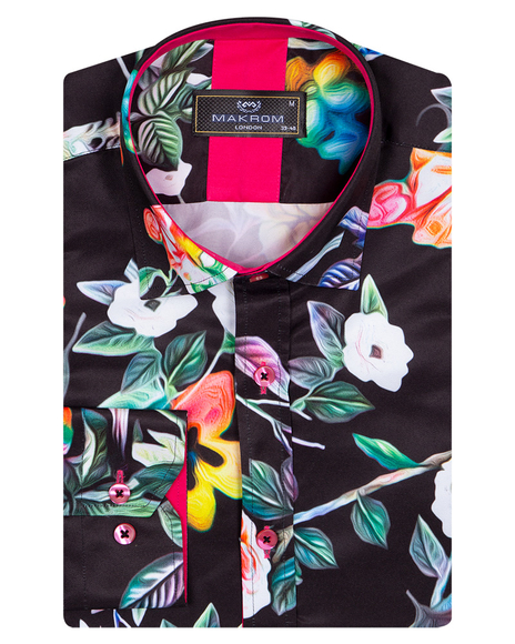 Luxury Floral Printed Long Sleeved Black Mens Shirt SL 6961