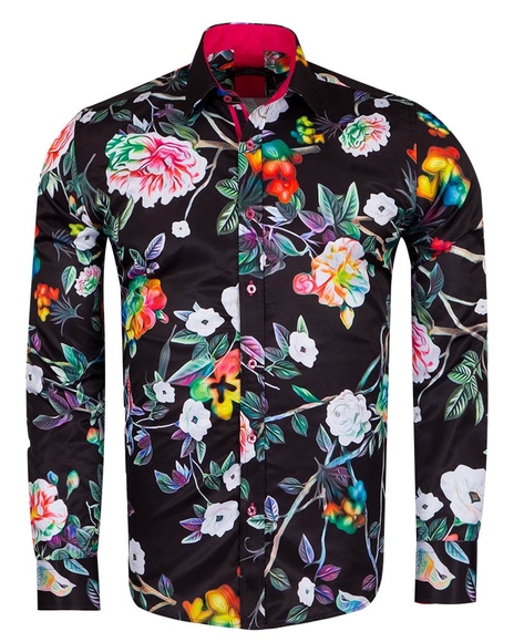 Luxury Floral Printed Long Sleeved Black Mens Shirt SL 6961