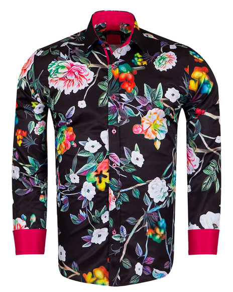 Luxury Floral Printed Long Sleeved Black Mens Shirt SL 6961