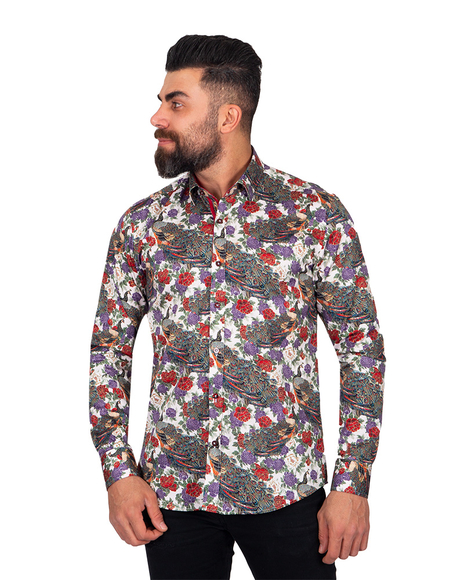 Oscar Banks - Luxury Floral Printed Pure Cotton Mens Shirt SL 6919
