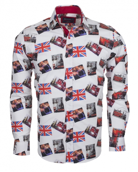 Oscar Banks - Luxury London Places Printed Long Sleeved Mens Shirt SL 5730 (Thumbnail - )