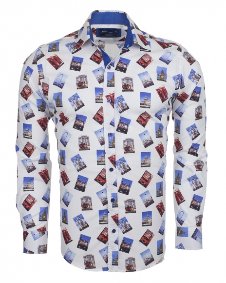 Oscar Banks - Luxury London Places Printed Long Sleeved Mens Shirt SL 5730 (Thumbnail - )