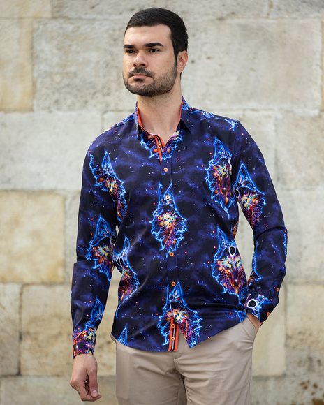 Oscar Banks - Luxury Long Sleeved Mens Shirt With Blue Light Pattern SL 6712