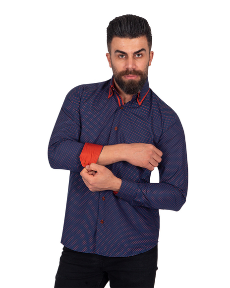 Luxury Makrom Polka Dot Printed Mens Double Collar Shirt SL 6813
