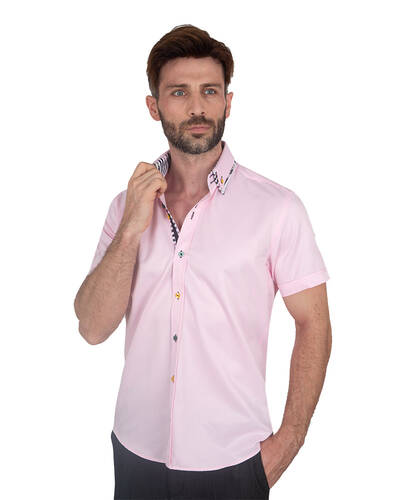 MAKROM - Luxury Mens Short Sleeved Shirt With Inside Placket Details SS 7059