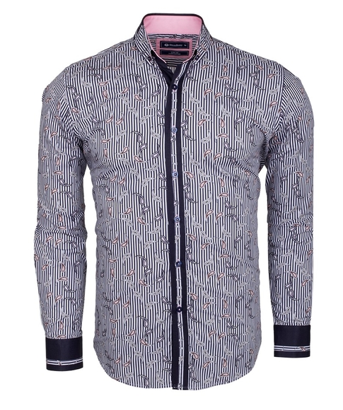 Oscar Banks - Luxury Paisley Printed and Striped Long Sleeved Mens Shirt SL 524 (Thumbnail - )