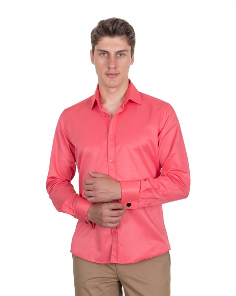 MAKROM - Luxury Plain Double Cuff Long Sleeved Mens Shirt SL 1045-B (Thumbnail - )
