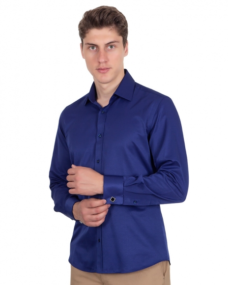 MAKROM - Luxury Plain Double Cuff Long Sleeved Mens Shirt SL 1045-D (Thumbnail - )