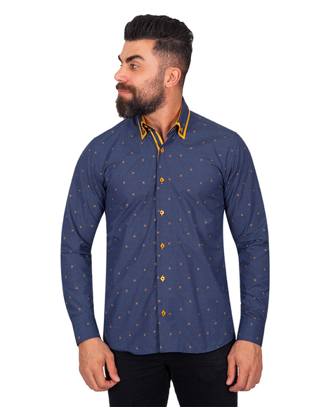 MAKROM - Luxury Polka Dot Printed Long Sleeved Double Collar Mens Shirt SL 6816