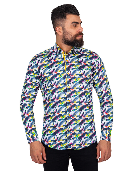 Oscar Banks - Luxury Pure Cotton Feathers Printed Long Sleeved Mens Shirt SL 6876