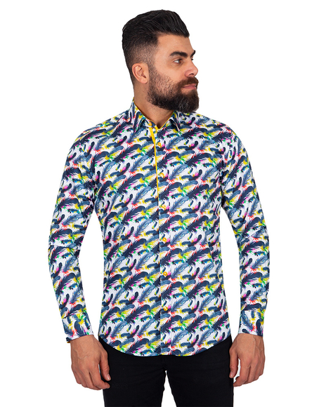 Luxury Pure Cotton Feathers Printed Long Sleeved Mens Shirt SL 6876