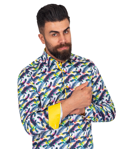 Luxury Pure Cotton Feathers Printed Long Sleeved Mens Shirt SL 6876