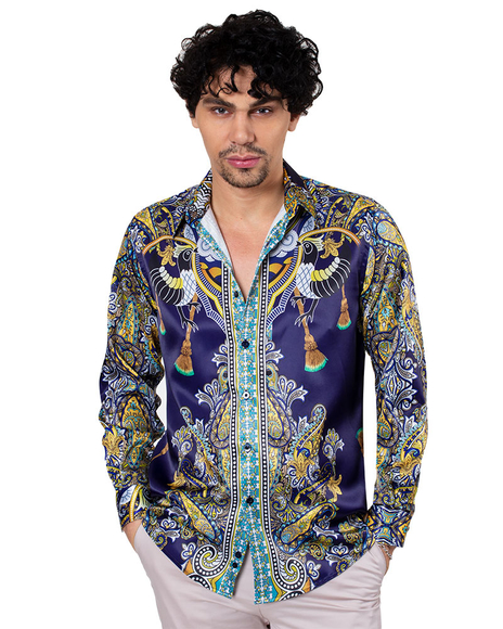 Oscar Banks - Luxury Special Pattern Printed Long Sleeved Satin Mens Shirt SL 6431 (Thumbnail - )