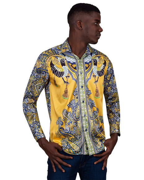 Oscar Banks - Luxury Special Pattern Printed Long Sleeved Satin Mens Shirt SL 6431